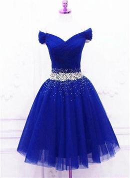 Picture of Lovely Blue Tulle Off Shoulder Short Prom Dresses, Homecoming Dresses